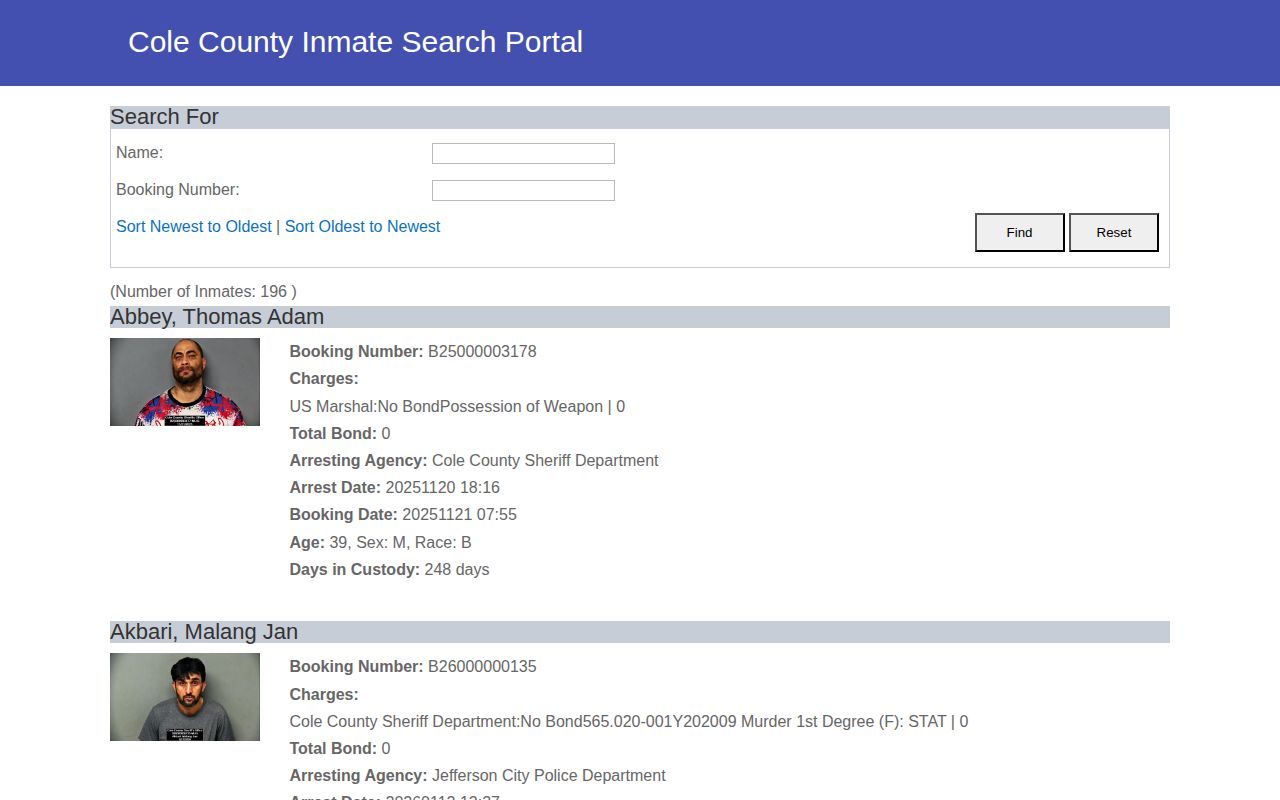 Cole County inmate portal used to locate current booking photo records