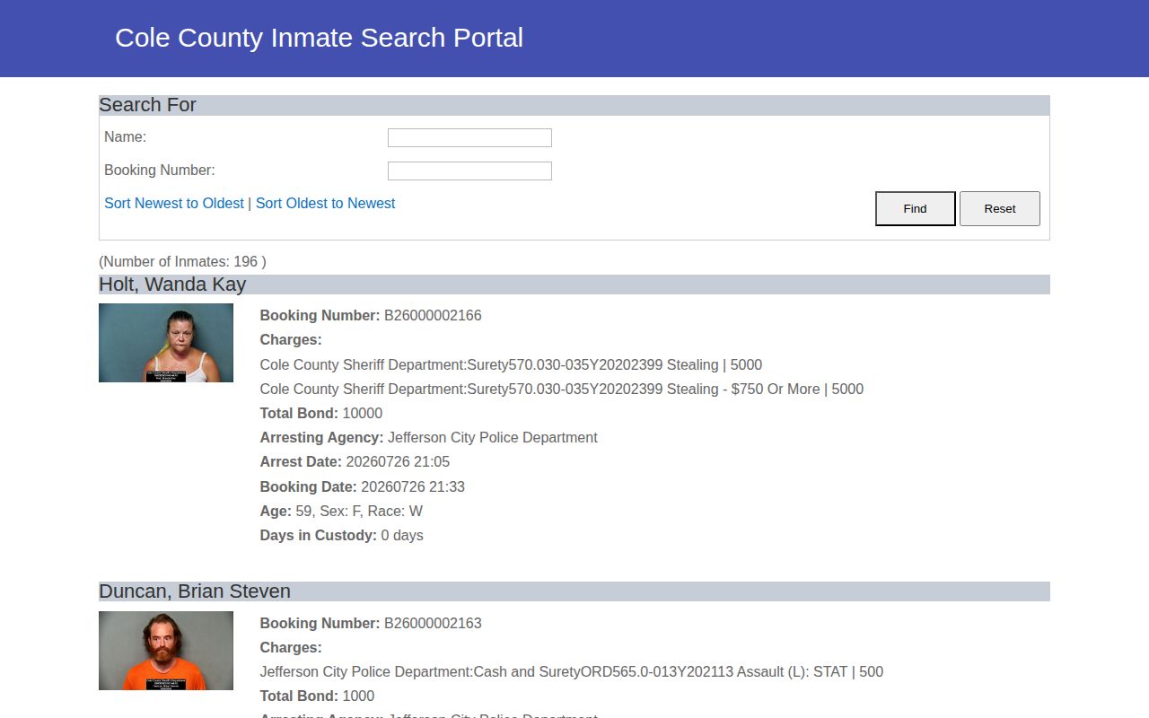 Cole County released inmate advanced current roster search